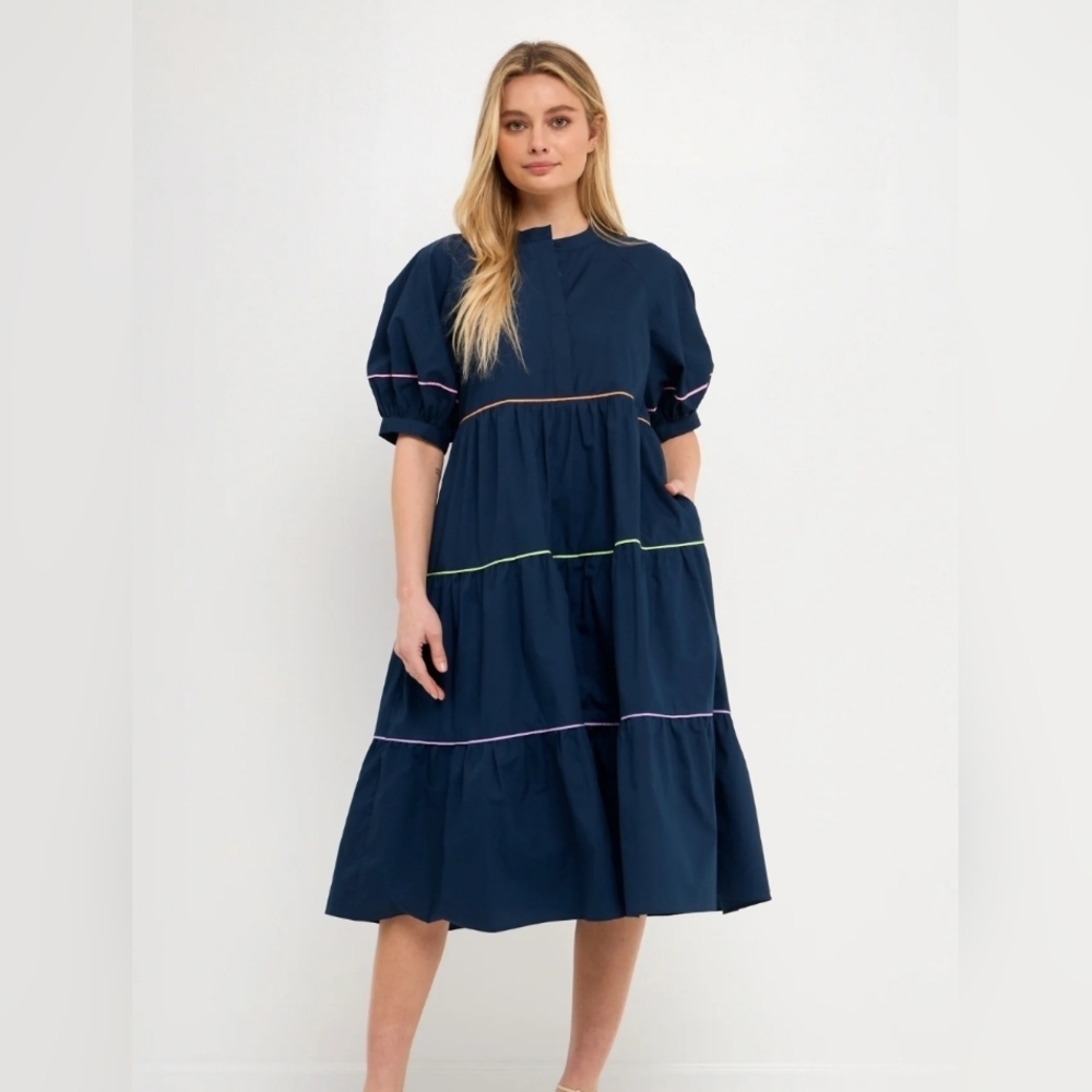 English Factory Navy Dress with Multicolor Stripes Medium (7556)